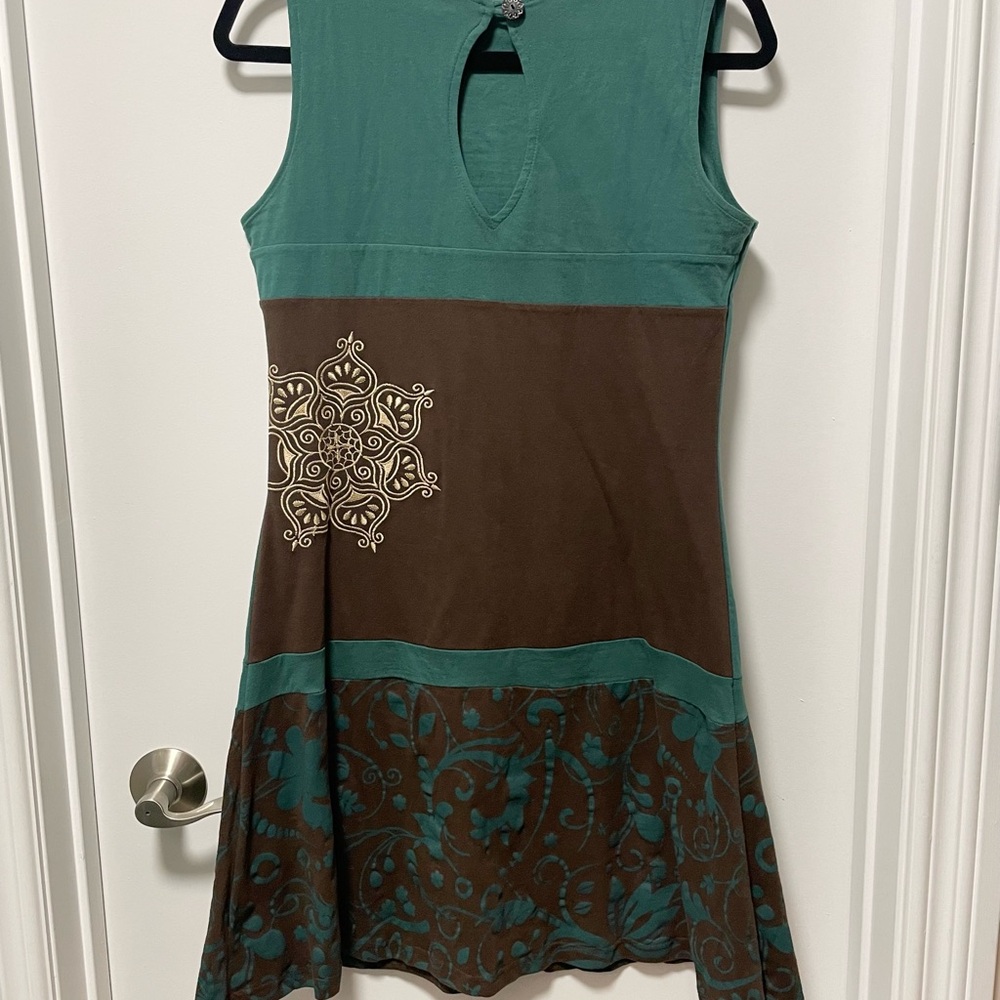Teal and Brown Sleeveless Dress with embroidered accents